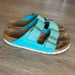Birkenstock Arizona Nubuck Suede Sandals Billiard Turquoise Blue Sz 38 L 7 M 5